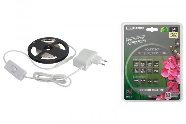 Комплект светодиодной ленты SMD2835-60 LED/м-12 В-4,8 Вт/м-IP20-3000 К (3 м), 18 Вт TDM Комплект светодиодной ленты SMD2835-60 LED/м-12 В-4,8 Вт/м-IP20-3000 К (3 м), 18 Вт TDM